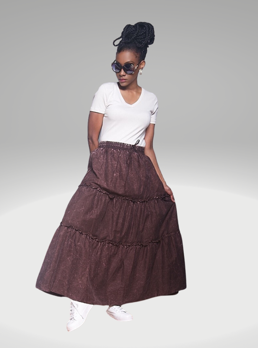 Acid Wash Ruffle Maxi Skirt Brown