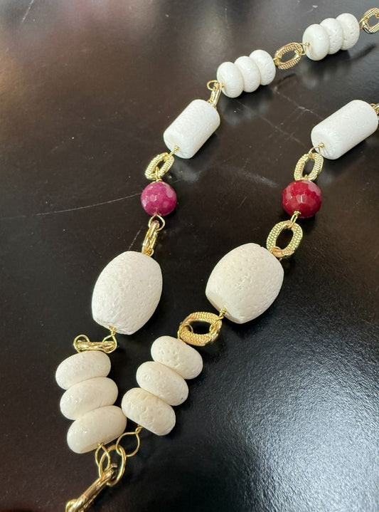 Chuncky White Sponge Coral with Quartz Pendant Necklace