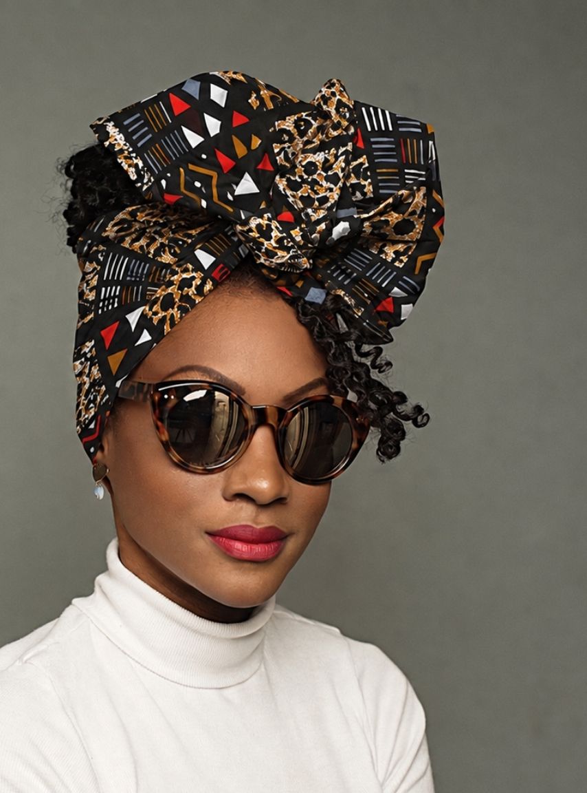 Stephy - African Print Wire Headwrap – Black, Red & Gold Geometric