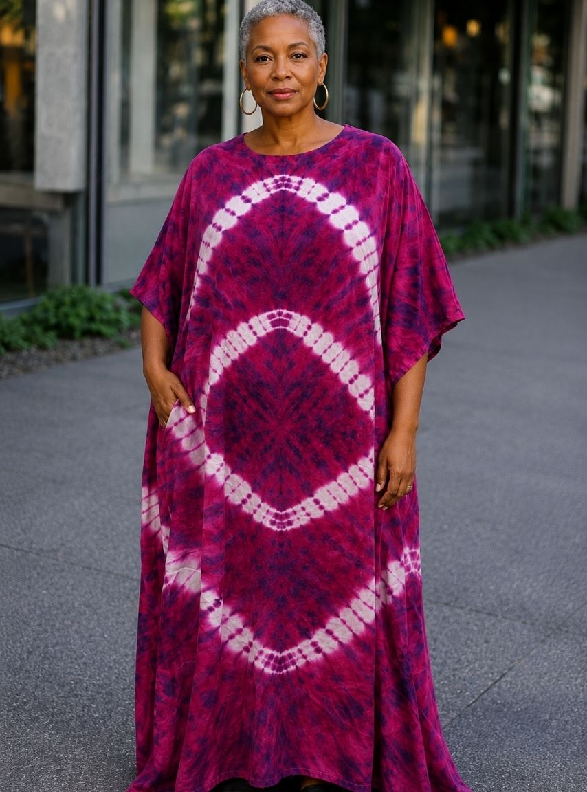 pink kaftan dress Tie-Dye Full fringe trim on last day in office Waist Size:56 08/09/2025