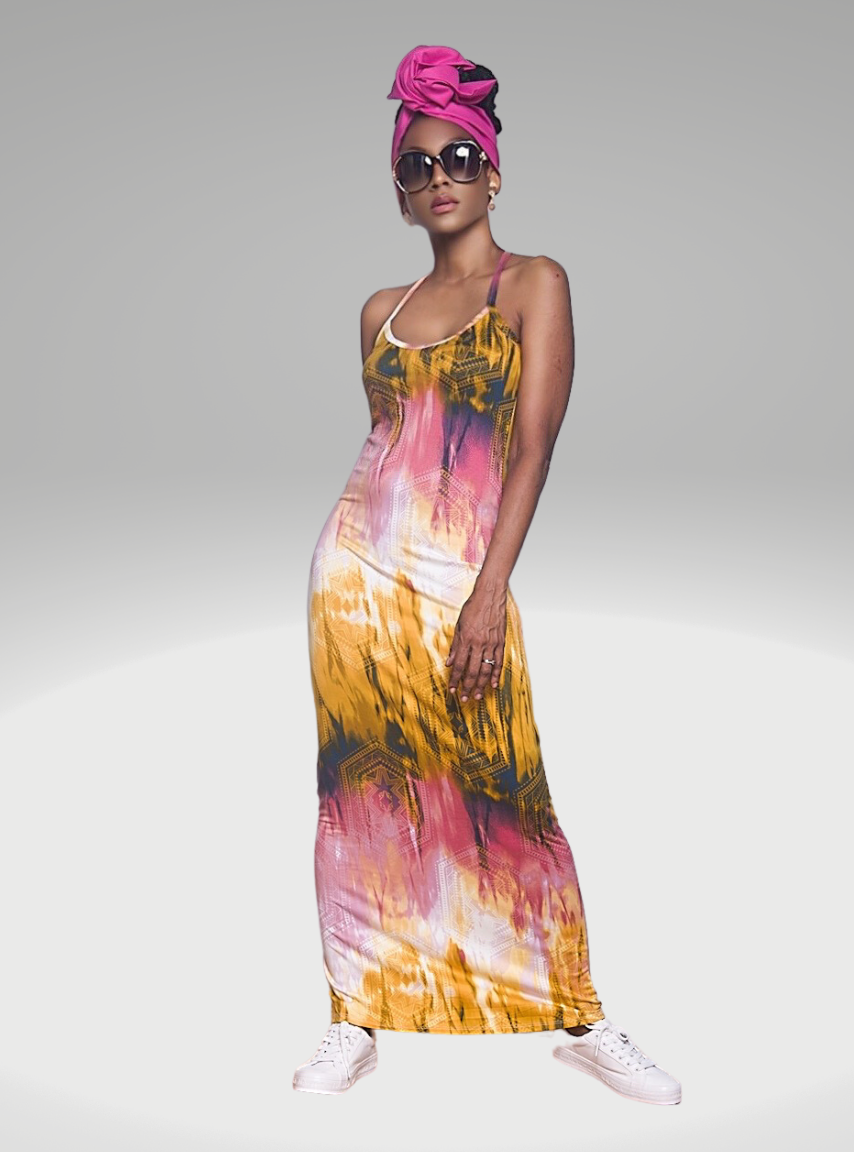 Women maxi dress without sleeve spaguetti straps formal casual dress round neck.Homecoming Hot pink details dress
