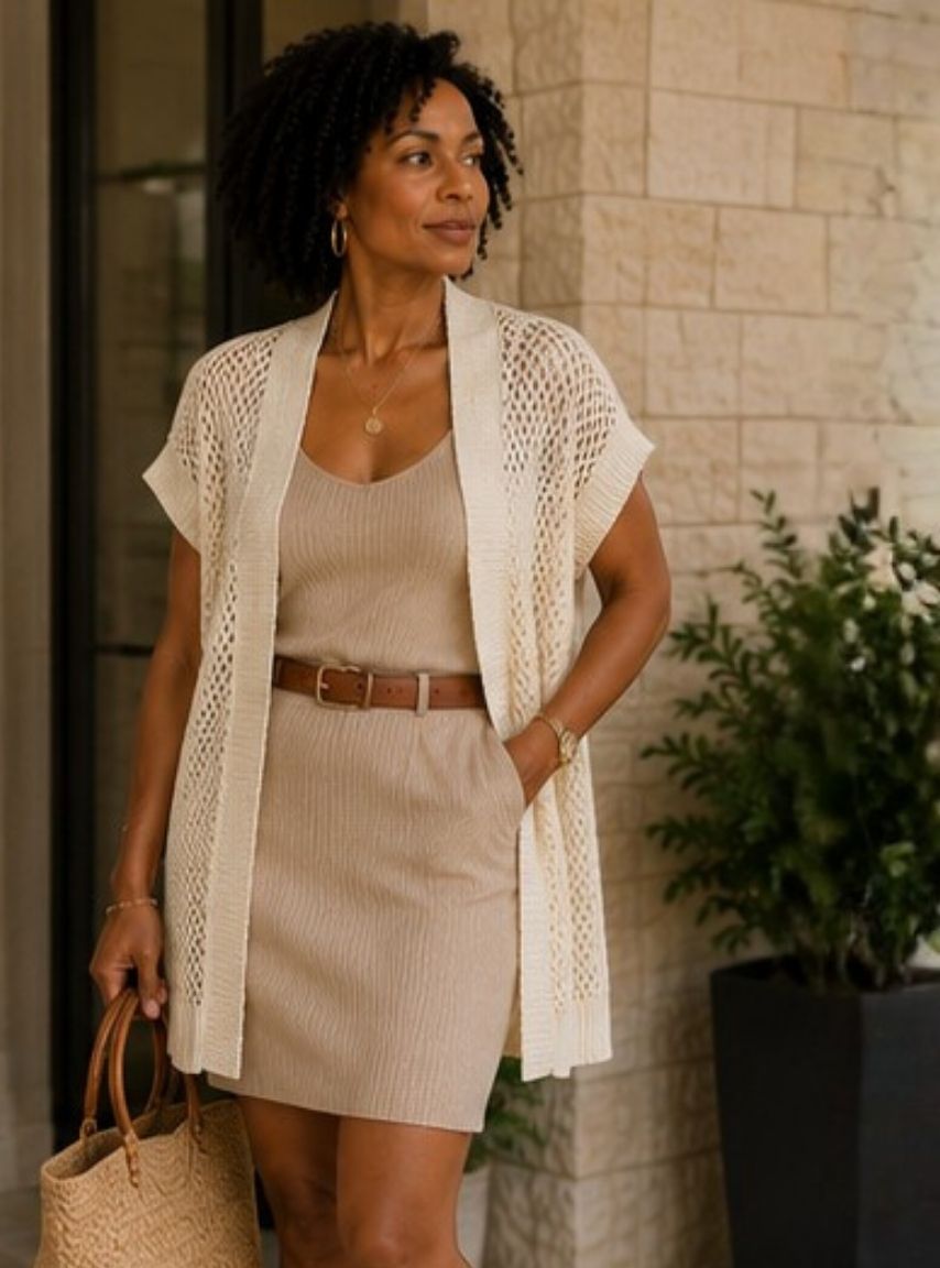 Cream Shimmer Knit Mesh Cardigan