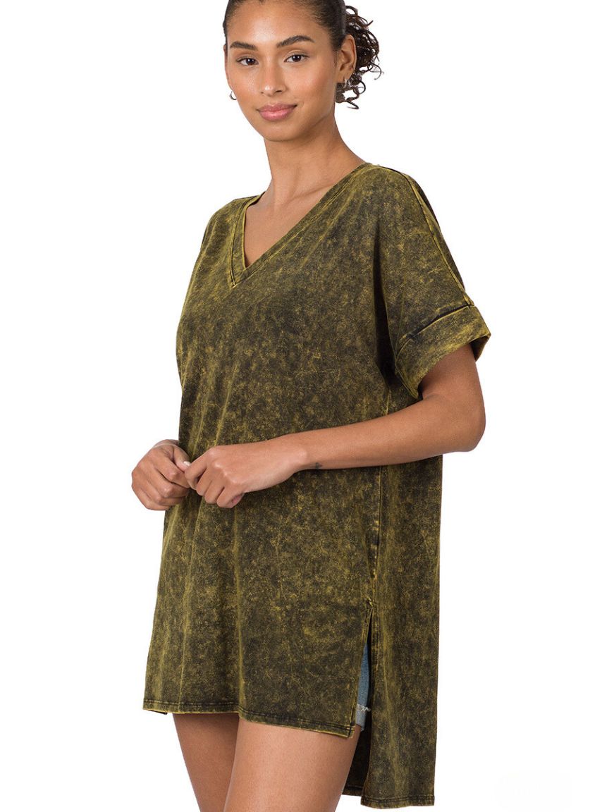 Olive Mineral Wash Short Sleeve V-Neck Top