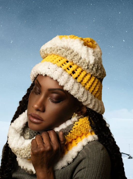 Chas Pacific - Yellow White Beanie and Neck Warmer Set