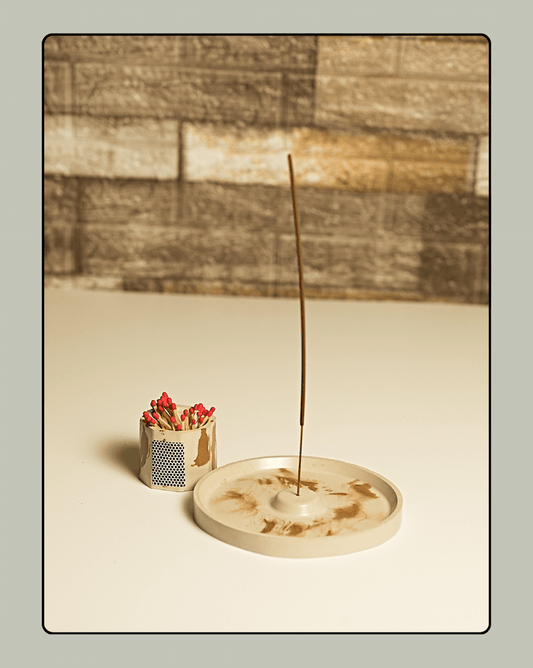Concrete Incense Burner and Matchstick Holder with stricker - Brown Splash