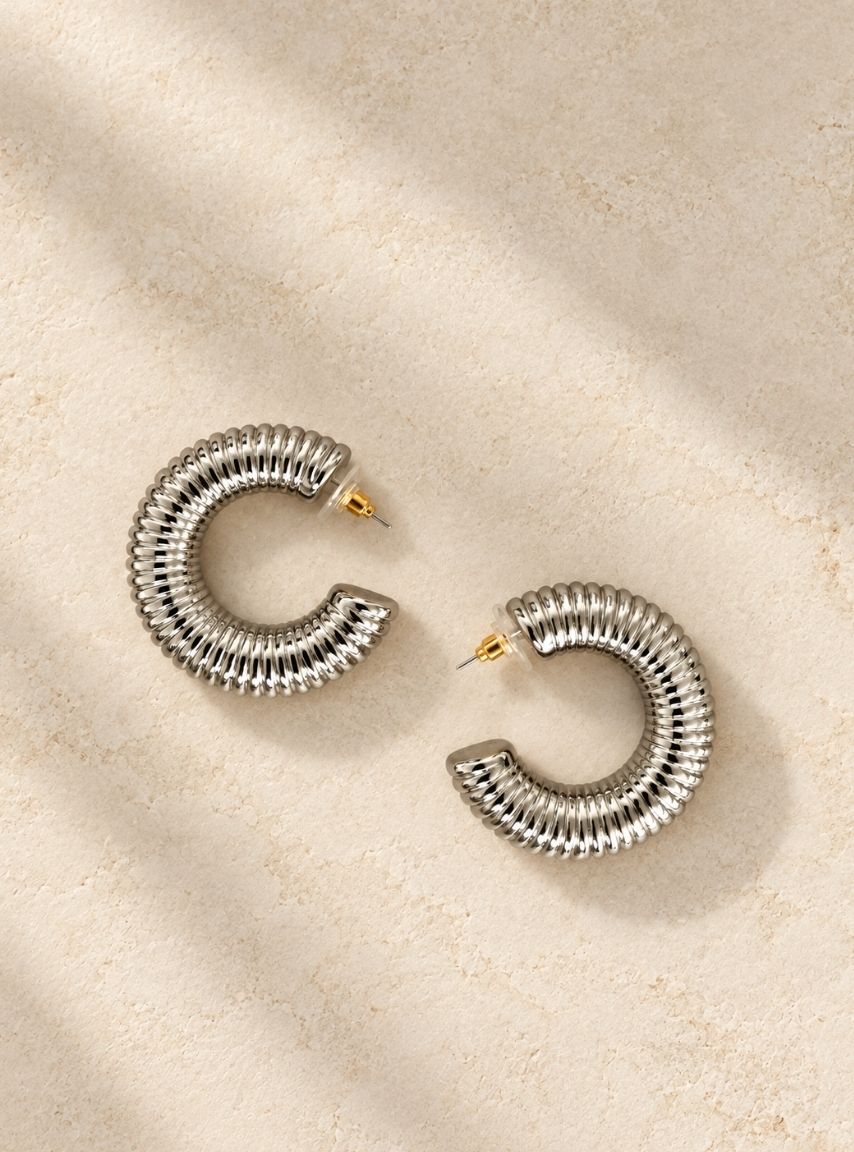 Ribbed Silver Hoops