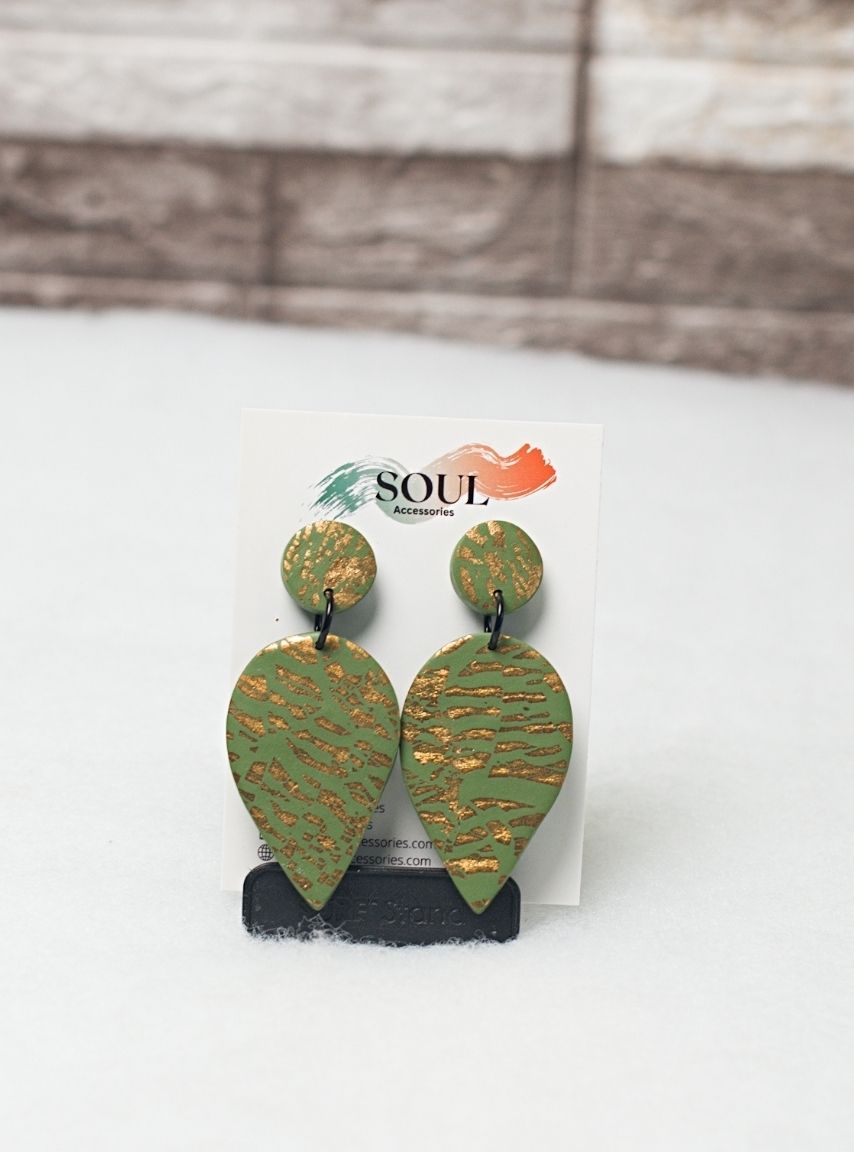 Clay Green and Gold Drop Earrings