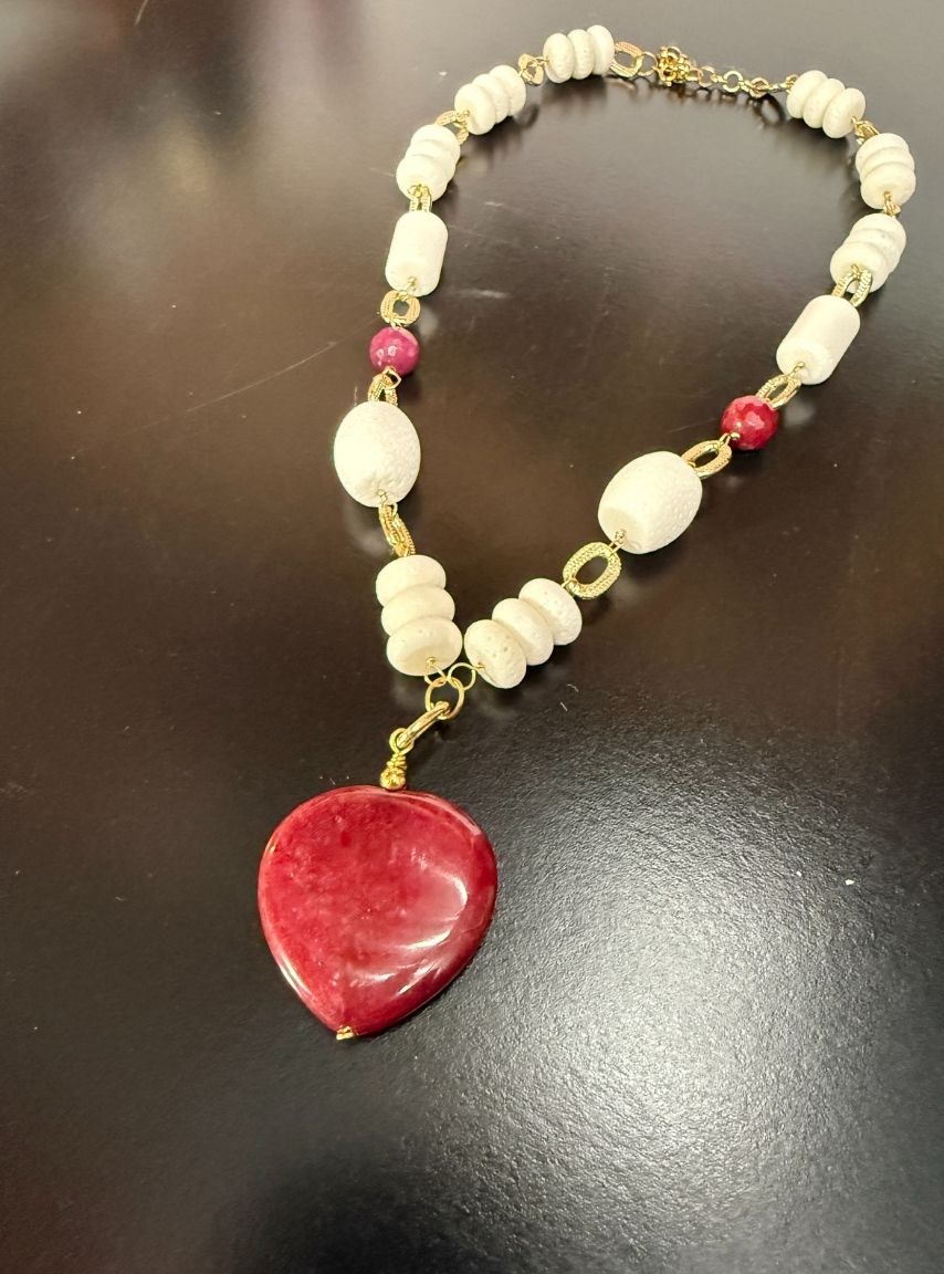Chuncky White Sponge Coral with Quartz Pendant Necklace