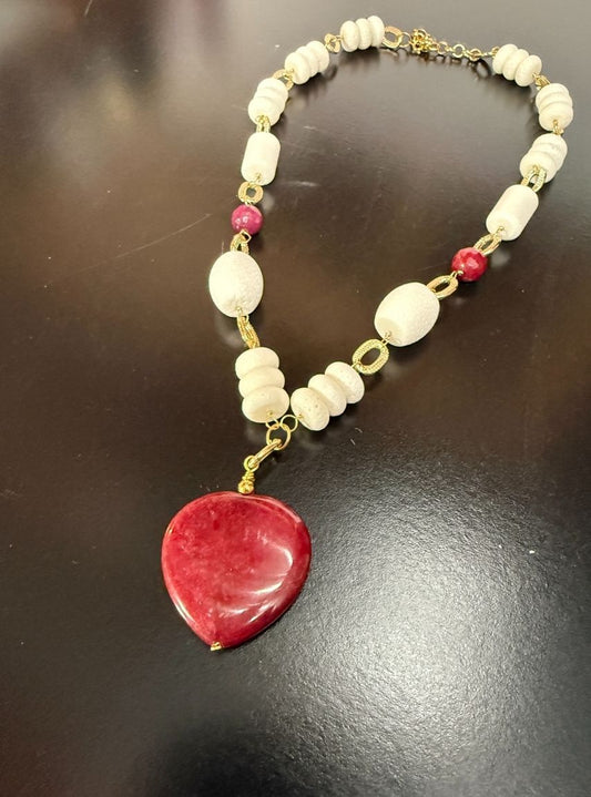 Chuncky White Sponge Coral with Quartz Pendant Necklace