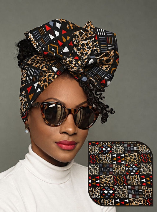 Stephy - African Print Wire Headwrap – Black, Red & Gold Geometric