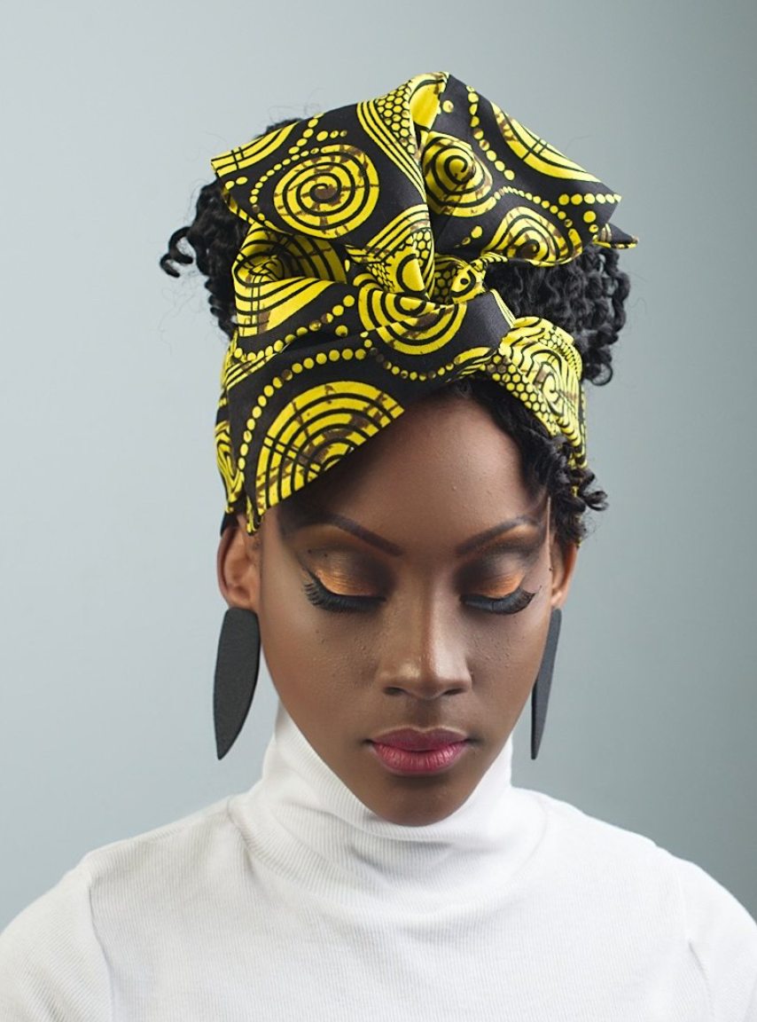 Yellow and black tribal African Print Twist Head Wrap, Flexible Wire Head Wrap, Top Knot, Turban, Vibrant Twist Tie, Versatile Wire Headband