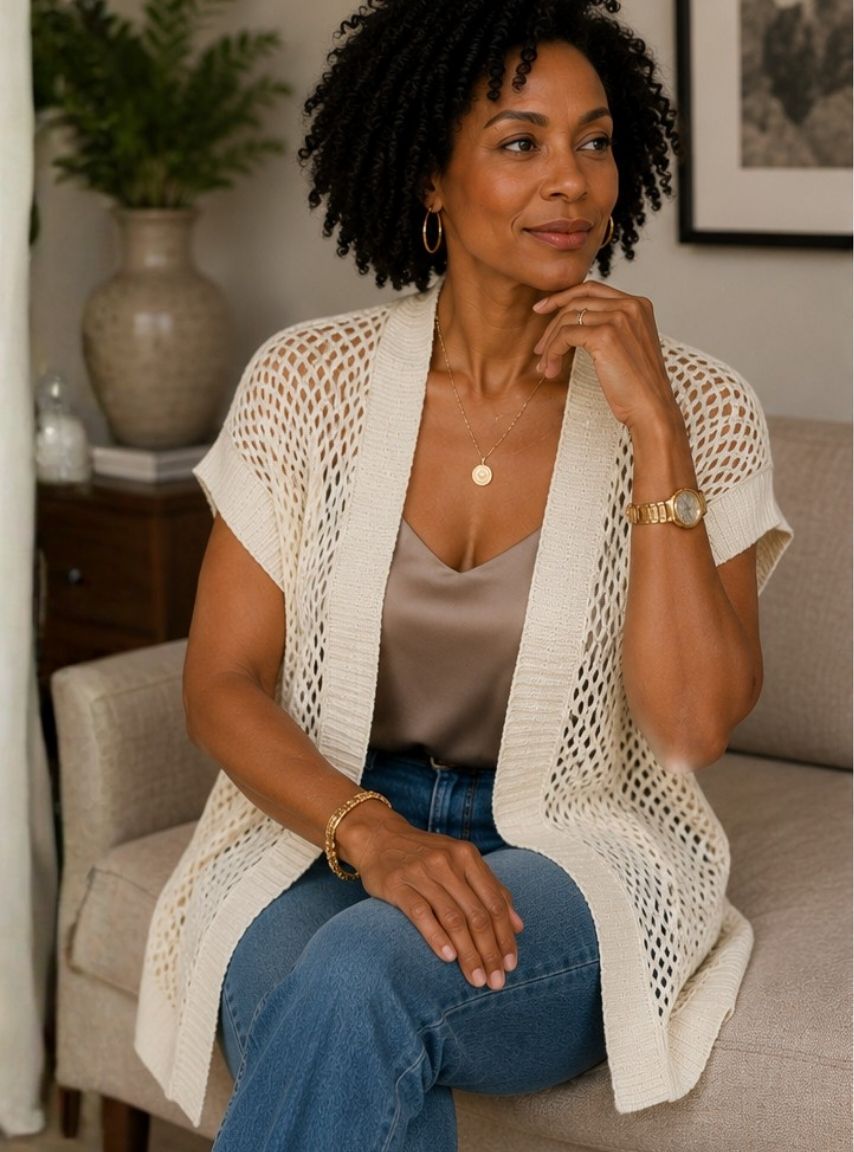Cream Shimmer Knit Mesh Cardigan