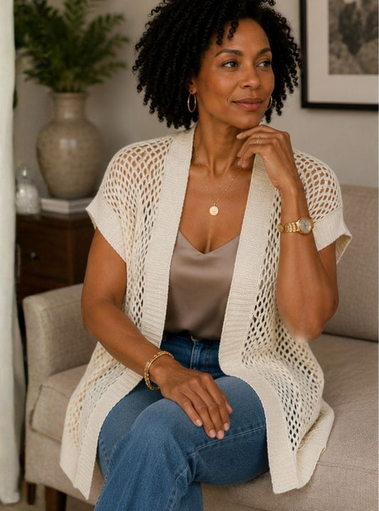 Cream Shimmer Knit Mesh Cardigan