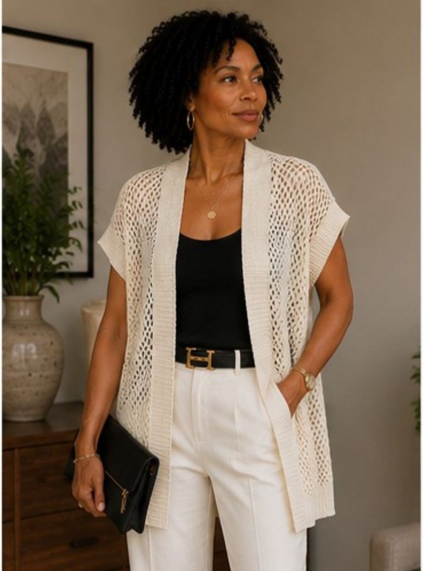 Cream Shimmer Knit Mesh Cardigan