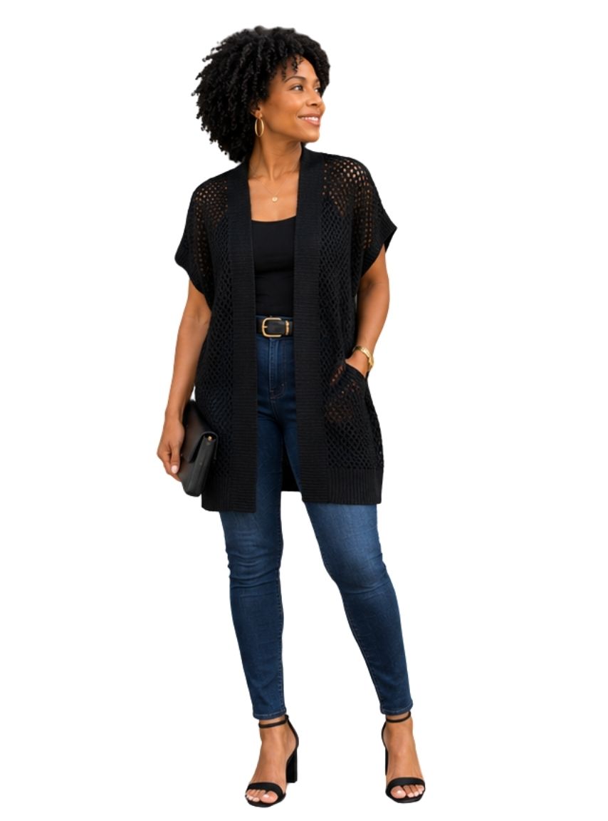 Black Knit Mesh Cardigan