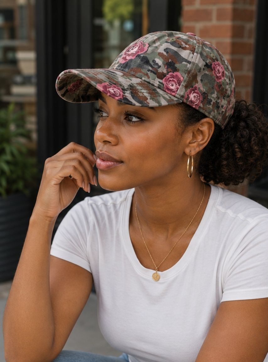 Green Military with Flowers Baseball Cap