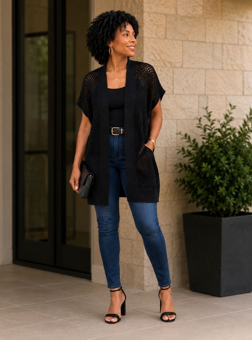 Black Knit Mesh Cardigan