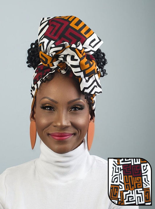African print wire headwrap for women featuring bold geometric patterns in black, white, mustard, and burgundy. Stylish pre-tied adjustable head wrap by Soul Accessories, perfect for natural hair, church outfits, brunch looks, travel, cultural fashion, and elegant everyday wear. Comfortable wired head scarf for Black women with versatile African-inspired style.
