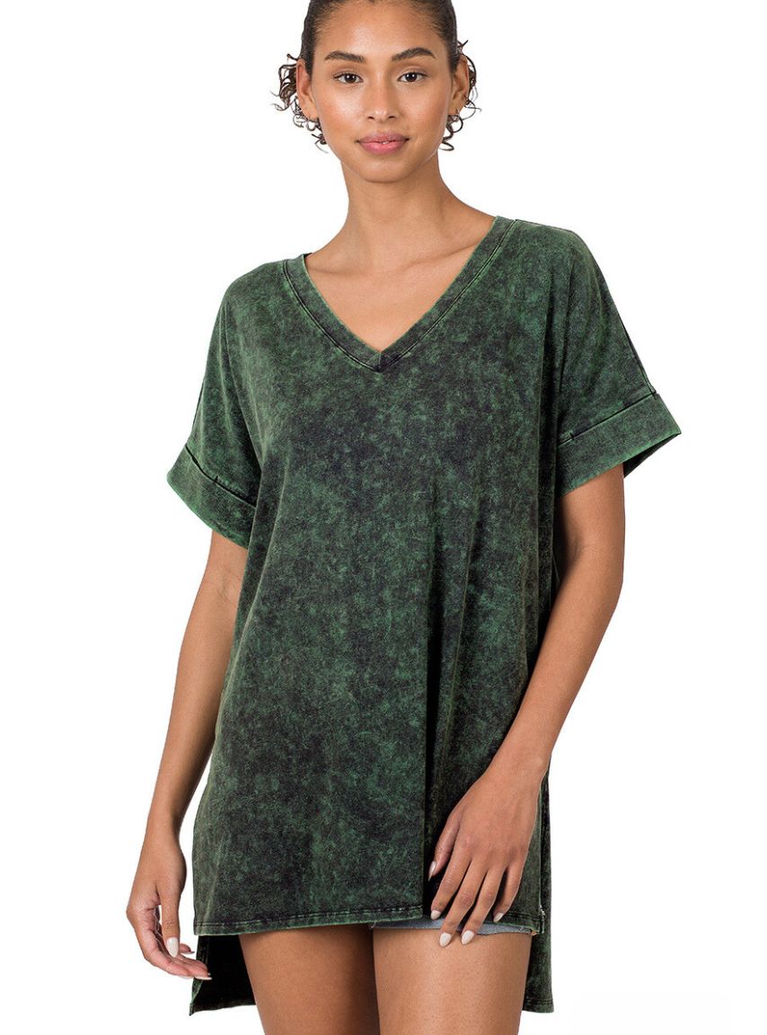 Green Army Mineral Wash Short Sleeve V-Neck Top