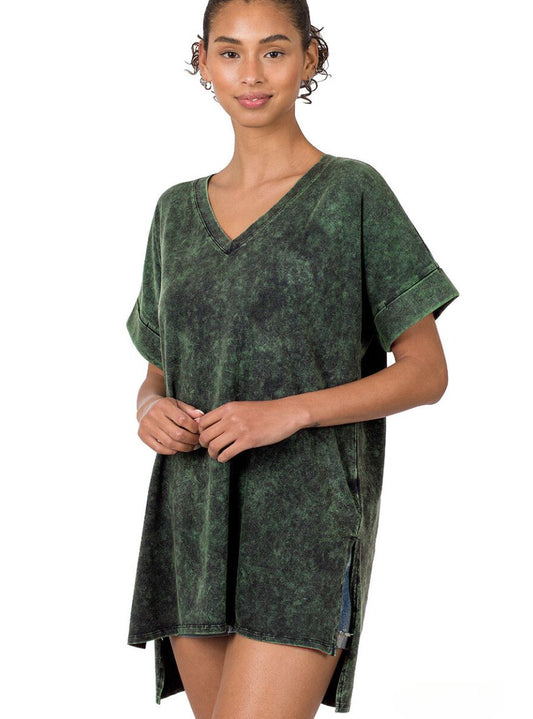 Green Army Mineral Wash Short Sleeve V-Neck Top