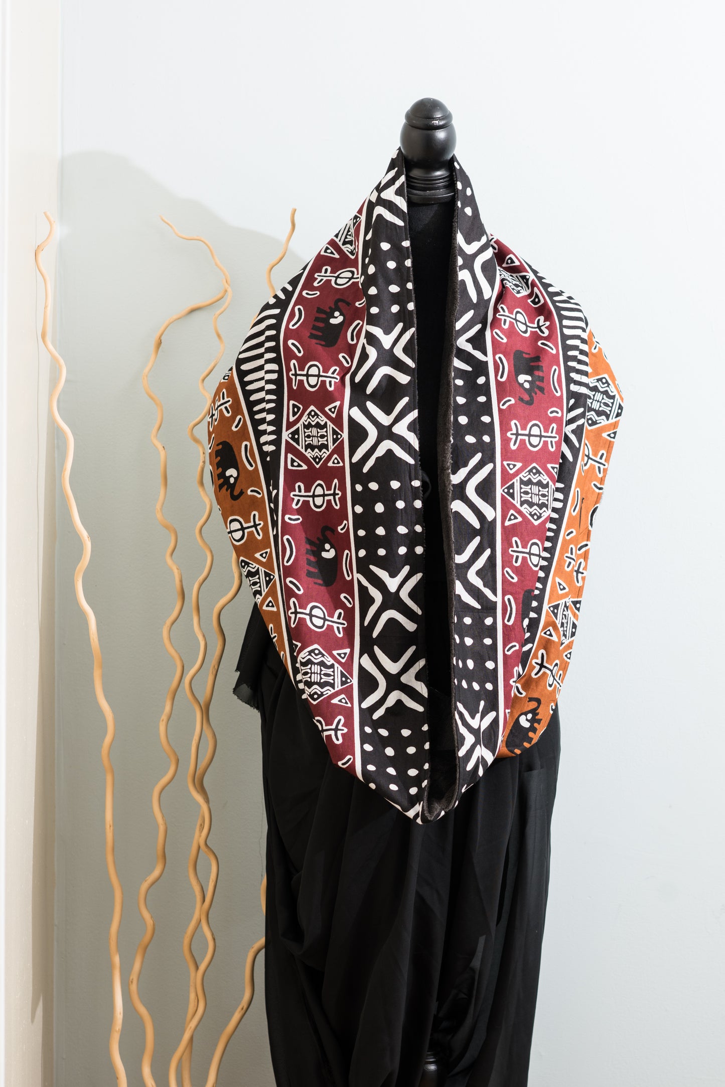Unique, Ethnic, modern. This tribal unisex hand made infinity scarf is the perfect addition to any stylish wardrobe. It can be worn on different occasions and in different ways. It can be used as a headscarf, a feeding cover as well as a neck warmer.