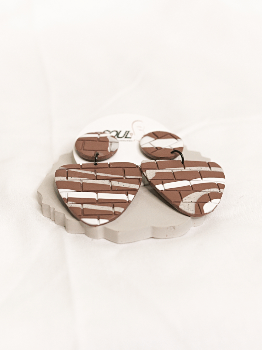 Clay Earrings Big Brown and White