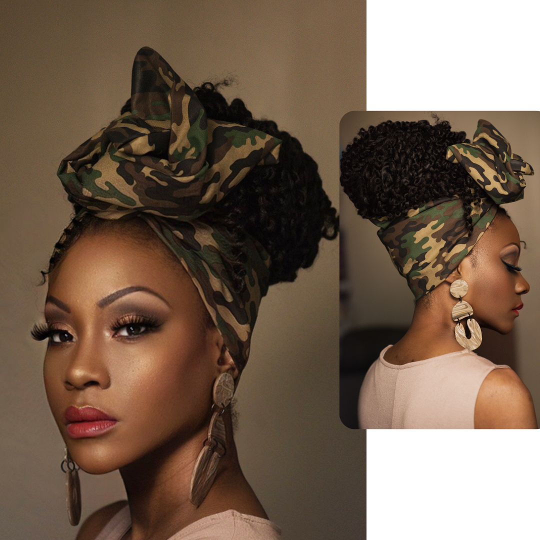 The Camouflage wire headwrap typically features natural earth colors that are designed to blend in with the surrounding environment. These colors are often inspired by the colors found in nature, such as greens, browns, and earthy tones.