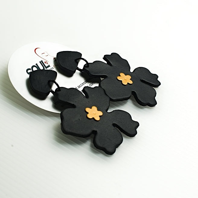 Clay Earrings Dangle Black Flower