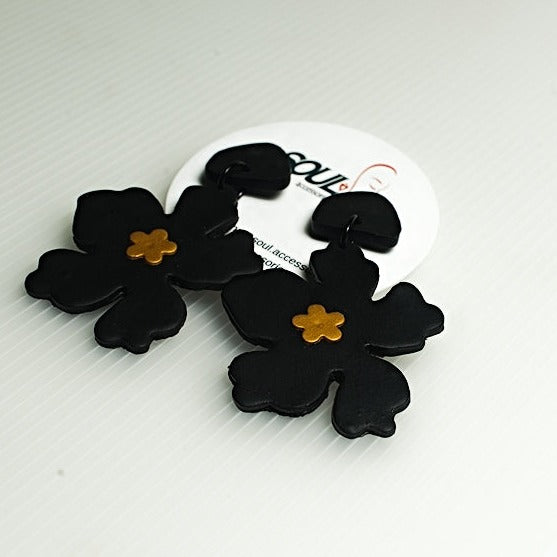 Clay Earrings Dangle Black Flower