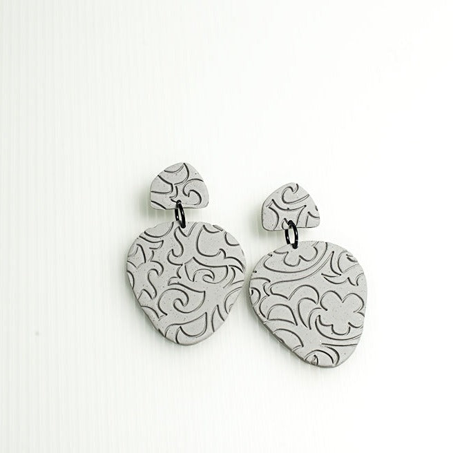 Clay Earrings Gray Flower Design Dangles