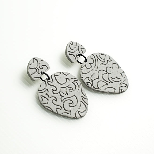 Clay Earrings Gray Flower Design Dangles