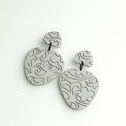 Clay Earrings Gray Flower Design Dangles