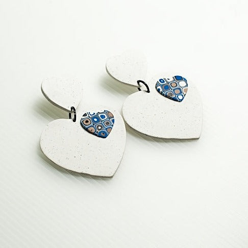 Clay Earrings Big Heart with Blue