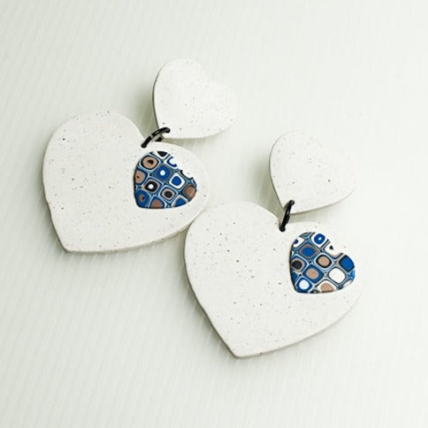 Clay Earrings Big Heart with Blue