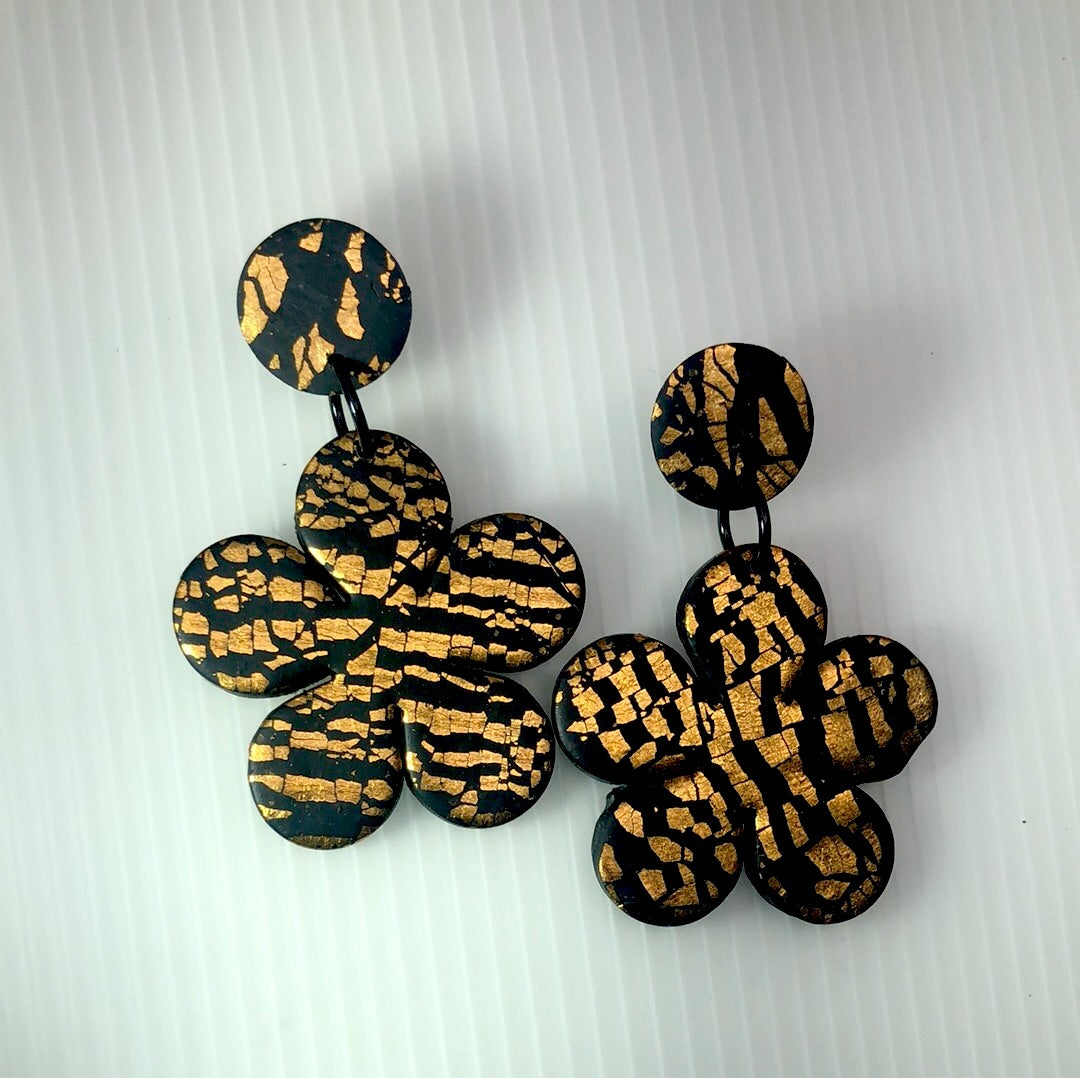 Clay Earrings Black and Gold Flower